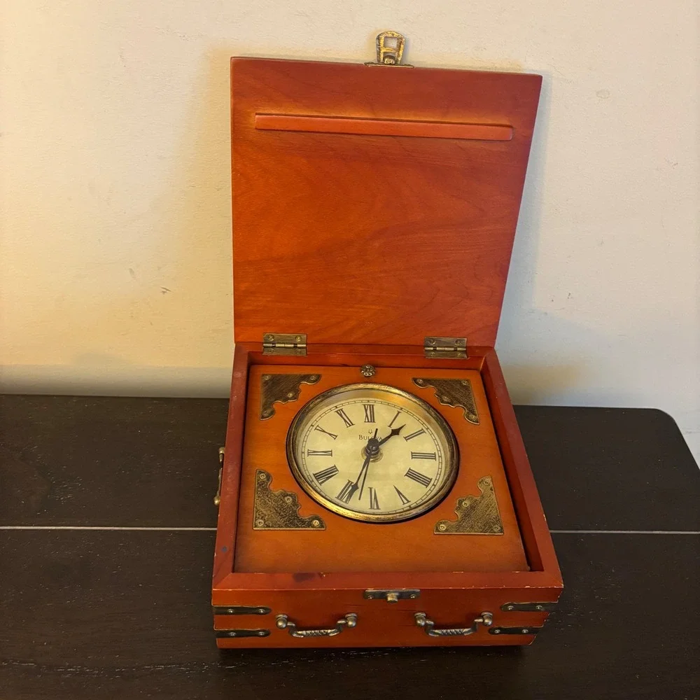 Bulova Wooden Fold Out Mantle Clock | Vintage | Trunk Style | Tested-Works